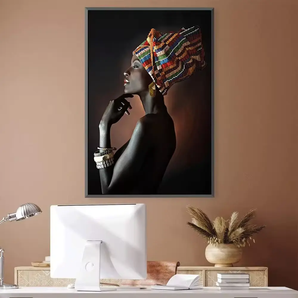 트렌디 한 럭셔리 거실 장식 초상화 그림 여성 블랙 아프리카 액자 벽 예술 홈 크리스탈 도자기 그림