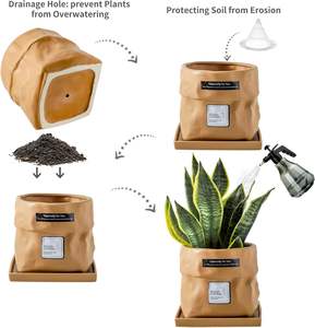 Vaso in Ceramica da 6 Pollici con Foro di Drenaggio e Sottovaso Quadrato per Piante, Design a Forma di Borsa, Vaso per Fiori, Decorazione da Giardino - Terracotta - Product Image 3