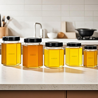 Frasco de Vidrio Hexagonal de 500 ml (16 oz) para Almacenamiento de Alimentos, Miel, Mermelada y Especias, con Tapa Metálica de Seguridad y Botón, Superventas