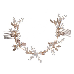 Gioielli per feste di anniversario fascia per capelli foglia dorata accessori per <span class=keywords><strong>pettine</strong></span> da sposa per matrimonio a pettini laterali con perla - Product Image 6