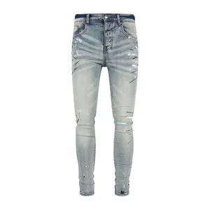 New high street ripped pink printed patch leather patch elastic slim fit old light colored jeans for men