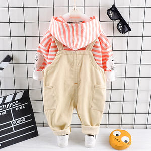 Ropa Infantil al por Mayor, Conjunto de Pantalones Caqui y Sudadera con Capucha a Rayas para Niñas - Product Image 2
