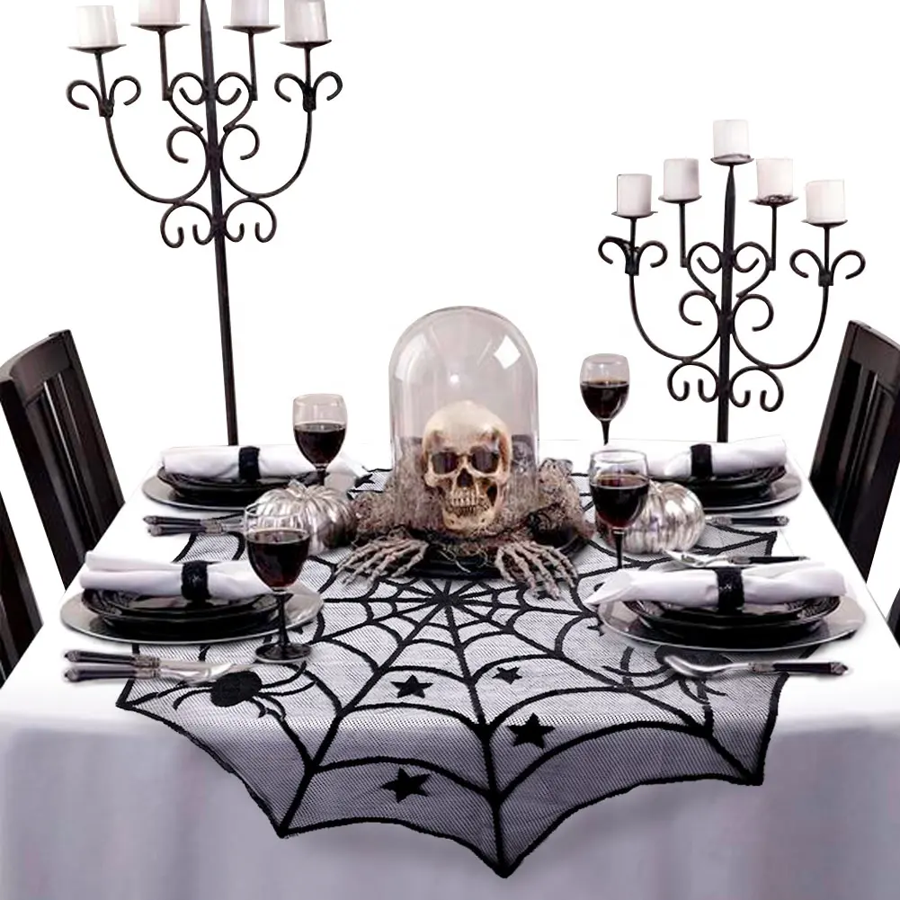 레이스 거미줄 테이블 커버 100cm 테이블 천 우리의 따뜻한 공포 할로윈 파티 장식 블랙 유럽 만화 100% 폴리 에스테르