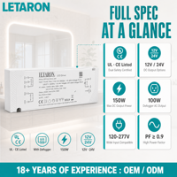 Alimentation à tension constante 150W 12V 24V pour éclairage de miroir de salle de bain 120-277VAC IP20 SELV Classe 2 Driver LED haute efficacité