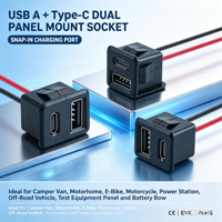 Connecteur double USB-A et Type-C à montage sur panneau LN-017, prise femelle USB 2.0 avec fils d'alimentation rouge et noir pour la charge d'équipements automobiles