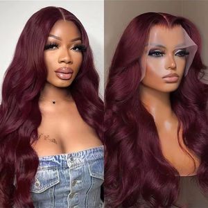 Vino Tinto Oscuro # Pelucas de Cabello Humano Virgen Brasileño Baratas, Onduladas, Rojas 99j, con Encaje Frontal Completo 13X4 - Product Image 3