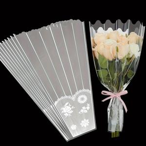 Mangas de celofán desechables, 150 piezas, bolsa de ramo de flores de plástico transparente con tira y decoración de encaje - Product Image 1