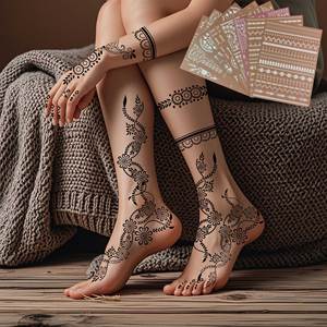 Pochoirs <span class=keywords><strong>de</strong></span> tatouage au henné <span class=keywords><strong>pour</strong></span> mains et pieds, grande taille, motif floral vintage, <span class=keywords><strong>pour</strong></span> <span class=keywords><strong>peinture</strong></span> corporelle, étanches, creux, modèles autocollants Mehndi au henné - Product Image 1