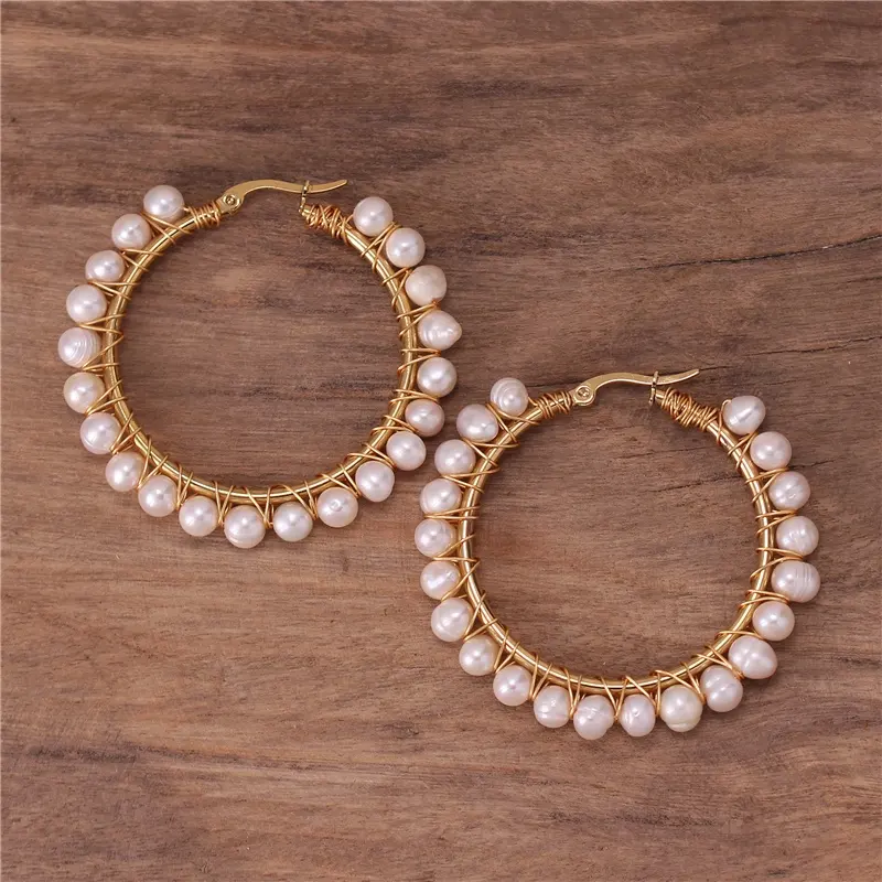 Exquisite White Freshwater Pearl Beaded Gold Wire Wrapped Hoop Earrings Boho Stainless Steel Dangle Earrings For Women Wholesale