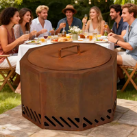 Perapian Besi Heksagonal Corten Steel dengan Tutup Bundar Pipih, Lubang Ventilasi, untuk Teras dan Taman, Pembakaran Kayu