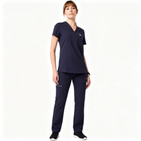 Blouse médicale pour femme, col en V, manches courtes, polyester, avec poche poitrine unique et fente latérale, pour hôpital, OEM