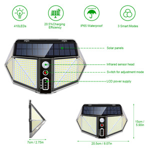 Lampe murale solaire extérieure 410 LED IP65 étanche avec détecteur de mouvement pour cour et garage - Product Image 1