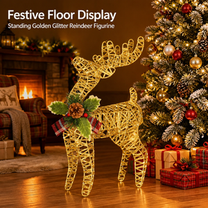 Decorazioni Natalizie Ecologiche Fatte a Mano a Prezzo di Fabbrica, Albero di Natale con Renne e Pupazzo di Neve a LED Dorati per Interni, Alimentati a Batteria - Product Image 1