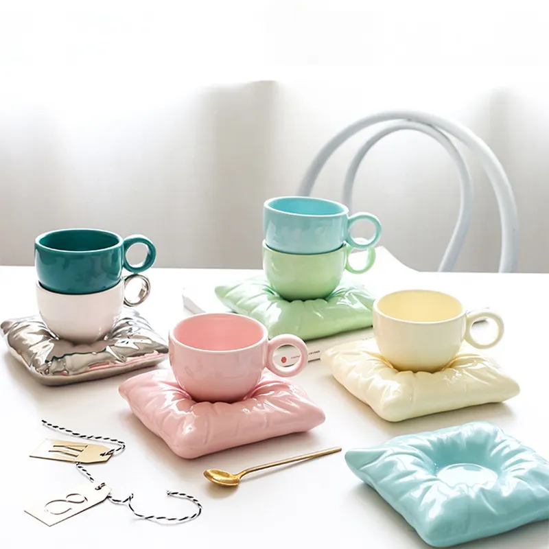 Redeco New Design Tea Cup With Pillow Coaster Creative Coffee Mug Ceramic Mug For Drinking Coffee Water Tea Milk