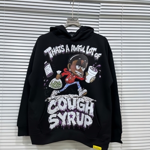 Mode Musim Gugur Musim Dingin Baru, Sweatshirt Berkerudung Klasik dengan Cetakan Kartun Hitam, Pullover dengan Tulisan 'THAT'S AWFUL LOT of COUGH SYRUP' untuk Pria - Product Image 1