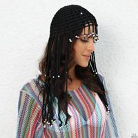 Filet à cheveux en crochet tressé à la main avec pompon perlé, couleur personnalisée, style bohème hippie, pour femme, idéal pour festival et fête