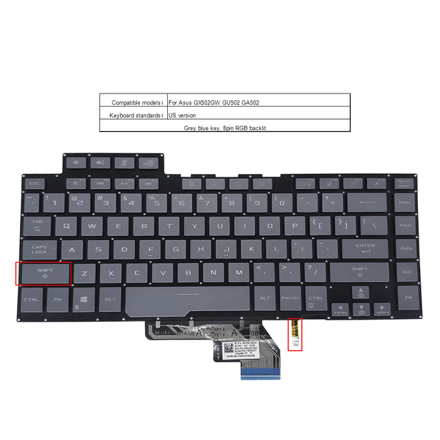 US UA 8pin RGB Backlit Laptop Keyboard for Asus GA502 GU502 GX502GW GU502DU GU502GV GU502LW GU532GU GU532GV 0KNR0-461VUS00 New