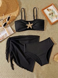 Children Spaghetti Strap Bikini Set Golden Starfish Detail Mesh Wrap <strong>Skirt</strong> Beach <strong>Swimming</strong> <strong>Costume</strong> - Product Image 5