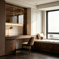 Meuble mural sur mesure pour bureau, avec armoire vitrée, étagère LED, placards, banquette de fenêtre et tiroirs de rangement