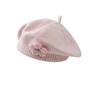 Baby Toddler Cute Flowers Beret Children Acrylic Hat Girl Knit Soft Stretch Knit Artist Hat Wholesale