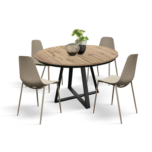 Dafne Round Extendable <b>Table</b> 120-170 Cm <b>Rustic</b> Oak Melamine Top Iron Base Indoor Use - Product Image 5
