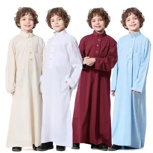 Bambini all'ingrosso Dubai Boys thobe musulmano medio oriente arabo nuovo colletto alla coreana abito da preghiera lungo per bambini eid