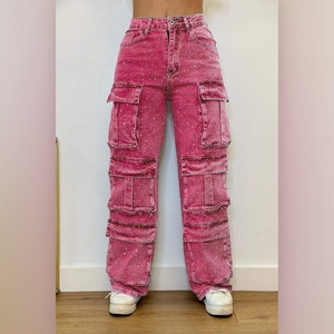 Pantalons en jean décontractés pour femmes, style streetwear, avec poches ornées de diamants, tendance - Product Image 4
