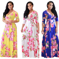 8230424 Nouvelle robe longue grande taille pour femmes, robe maxi à imprimé floral, manches longues