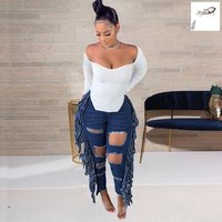 Jean en denim délavé de haute qualité pour femme, avec boutons et franges, coupe déchirée