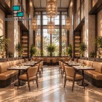 Ensemble de banquettes de restaurant en cuir camel avec garniture en sangle, table en marbre pour hôtel et brasserie, personnalisable, OEM, vente en gros, fabricant chinois