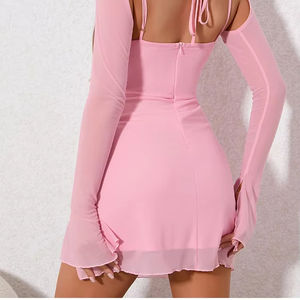 NewAsia Halter Flounce mangas malla Rosa Vestido mujer Sexy sólido sin espalda vendaje Mini Vestido verano vacaciones fiesta Club - Product Image 1