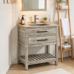 Rustic Wood <b>Bathroom</b> Vanity Two Drawers Open Shelf 30 Rectangle Freestanding Cabinet Mirror Included Painted Finish Easy - Product Image 6