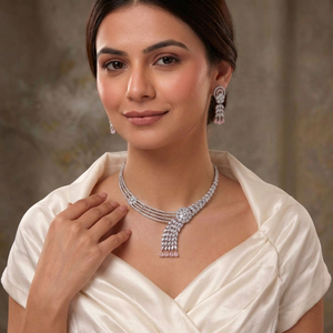 Luxury Brass American Diamond Necklace Set <b>Silver</b> Plated Cubic Zirconia <b>Choker</b> Bridal Jewelry Set with Ruby Red Drops - Product Image 1