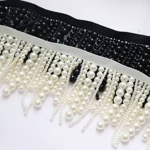 White Black Long Pearl Fringe Beaded Lace Trim Pearl Pendant Tassels Garment Dress Tassel Fringe Lace Trim Decoration Sewing