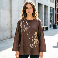 Cardigan en tricot décontracté pour femme avec broderie florale, perles et appliques, fermeture boutonnée, 100 % lin