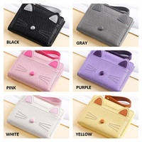 Dompet Wanita Lucu Dompet Pendek Penutup Kancing Portabel Tempat Kartu Kredit Kulit PU Bordir Kucing Cantik untuk Anak Perempuan Dompet Koin
