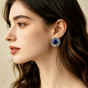 Art Palace Flower Shape Lapis <b>Silver</b> <b>Stud</b> Earrings For Women Vintage Style Jewelry - Product Image 1
