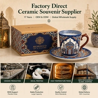 Ensemble tasse et soucoupe en céramique souvenir du Maroc, motifs architecturaux géométriques, porcelaine, café, pour les grossistes