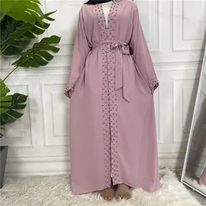 Dropshipping谦虚时尚女性伊斯兰服装长袍连衣裙长优雅开襟和服穆斯林连衣裙珍珠羊毛衫Abaya