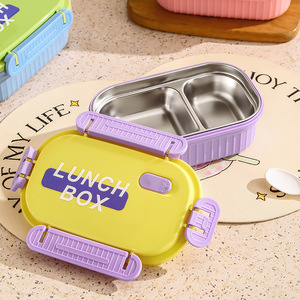 Stainless Steel Lunch <b>Box</b> With Snap <b>Lock</b> Compartments Rectangle Plastic Lid For Students And Adults - Product Image 1
