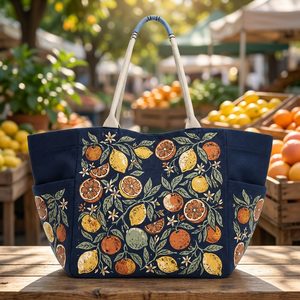 Bolsa de Compras Ecológica de Algodón con Estampado de Cítricos Azul Marino, Bolsa de Compras de Algodón con Asas Largas - Product Image 5