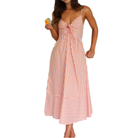 Robe d'été décontractée en satin pour femme 2026, style européen et américain, à rayures, avec bretelles, col en V, longueur ras du sol, taille naturelle, teinte unie sur le devant