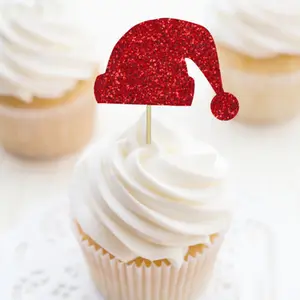 Veelkleurige Glitter Santa Hat Cake Toppers Kerstthema Feestdecoratie Cake Plug-In