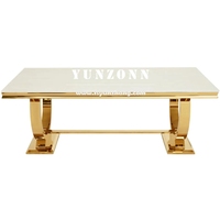 Tables de banquet de mariage pour hôtels de luxe, structure moderne en acier inoxydable, plateau en verre trempé, pieds dorés