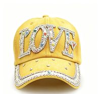 Casquette de baseball 6 panneaux en jean imprimée numériquement avec lettres d'amour en strass colorés, réglable, style vintage délavé, pour femmes et hommes