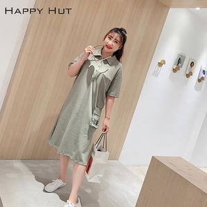 Robe d'été pour femmes grande taille Happy Hut avec col polo et ourlet fendu N7136 Noir Vert Haricot - Product Image 3