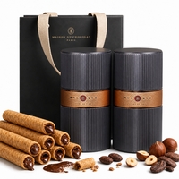 Coffret de gaufrettes vintage français en fer blanc double rond avec poignée de transport pour rouleaux de noisettes de luxe, boîte cadeau métallique directement de l'usine