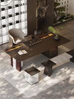 Table de réception modulaire oblongue en MDF de style chinois moderne avec chaises, idéale pour bureau, conférence haut de gamme, 6 places
