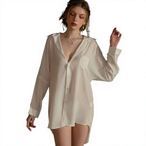 White Satin Sleep Shirt Women <b>Long</b> <b>Sleeve</b> Button Up Oversized Pajama <b>Sheer</b> V Neck Loungewear - Product Image 4