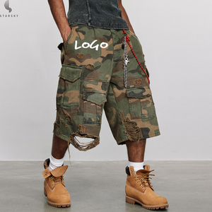 Pantalones cortos de pierna ancha rasgados de camuflaje personalizados Algodón puro Pantalones cortos de camuflaje estilo HipP Hop de alta calidad vintage - Product Image 1